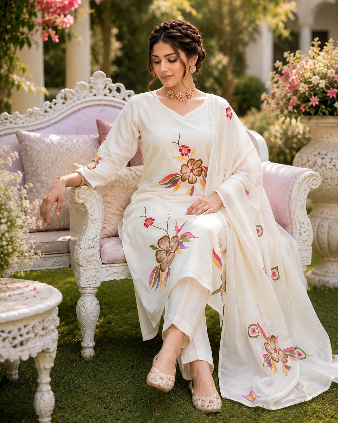 A woman seated on an ornate white garden bench wearing a cream-colored embroidered traditional outfit with floral motifs and a matching dupatta, set in a lush green outdoor garden.