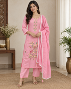 GlamVastra Blush Bloom Pink Silk Hand Embroidered Kurta Set