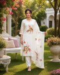 GlamVastra Ivory Mul Chanderi Handprinted Floral Kurta Set with Dupatta
