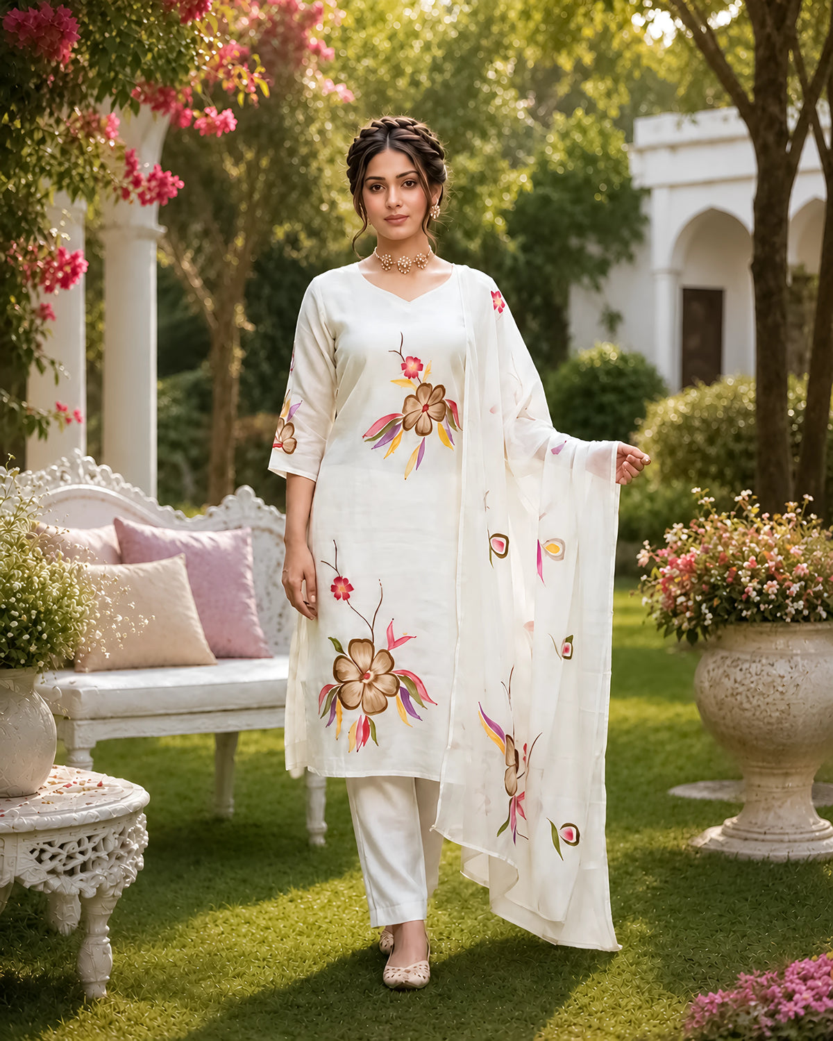 GlamVastra Ivory Mul Chanderi Handprinted Floral Kurta Set with Dupatta