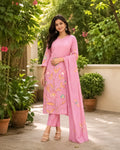 GlamVastra Pink Mul Chanderi Handpainted Floral Kurta Set with Dupatta