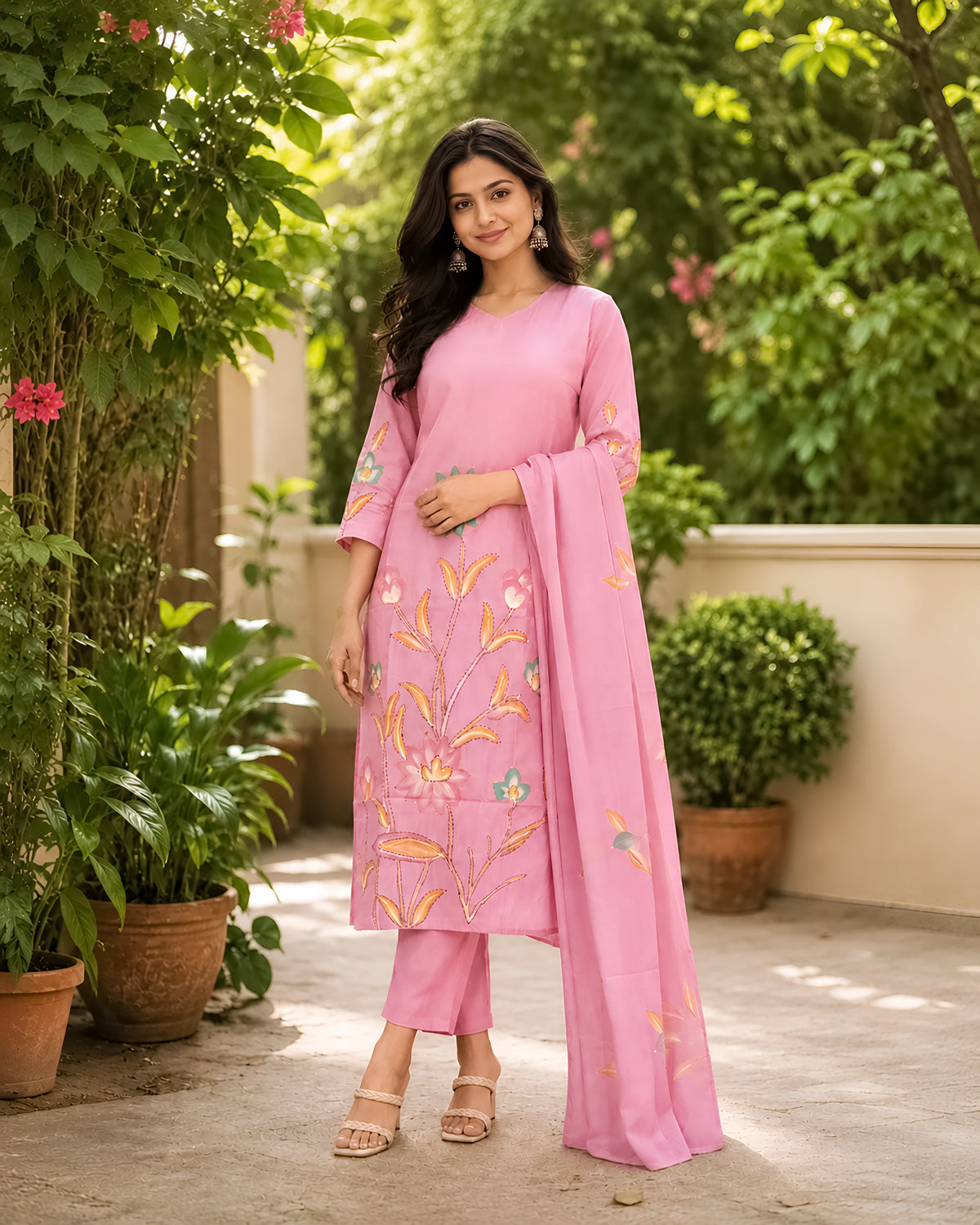 GlamVastra Pink Mul Chanderi Handpainted Floral Kurta Set with Dupatta