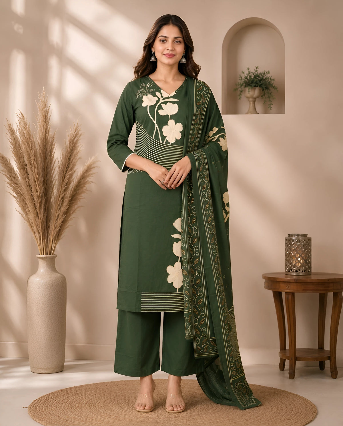 GlamVastra Forest Green Pure Cotton Floral Kurta Set with Dupatta