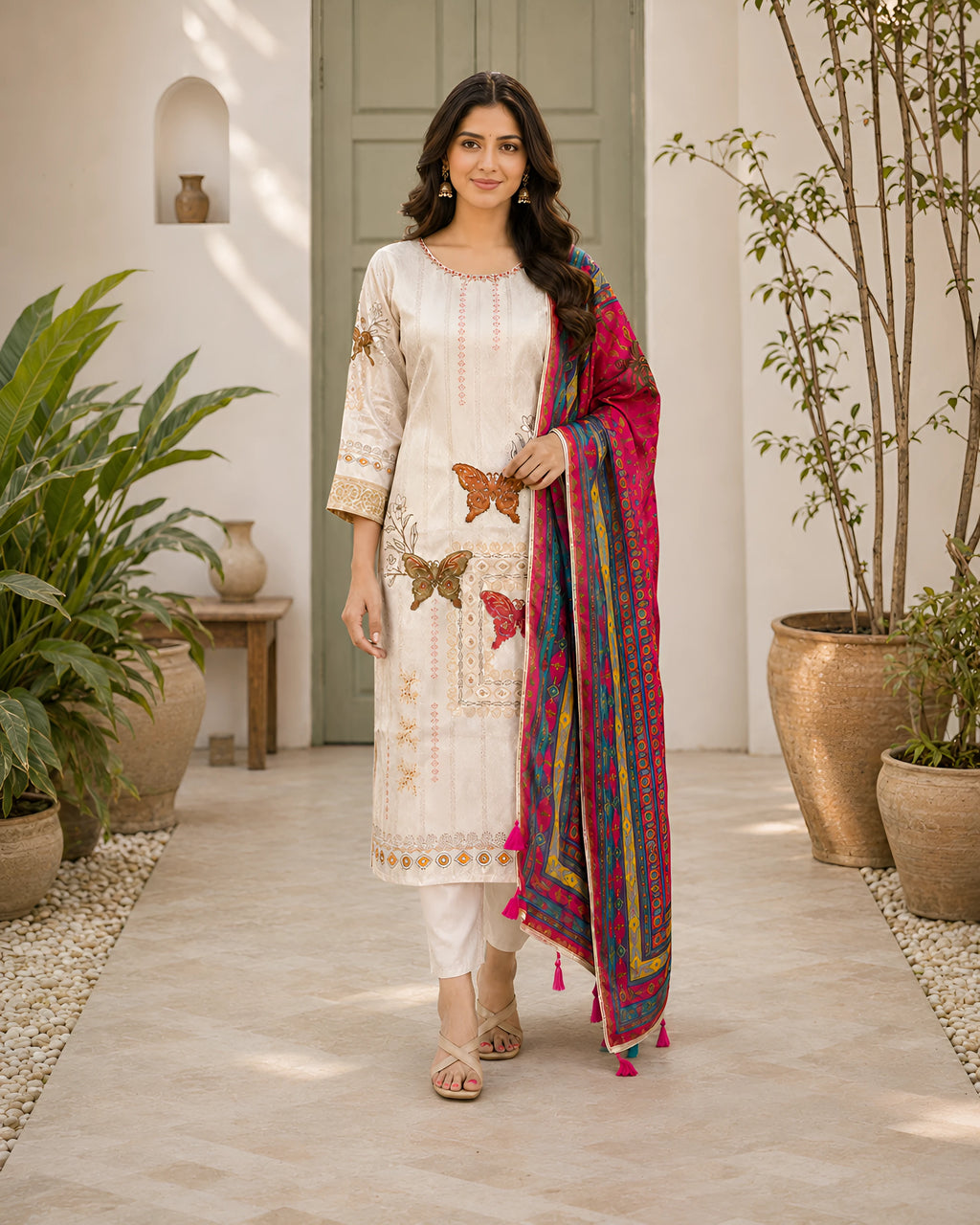 GlamVastra Spring Garden Cream Silk Blend Kurta Set with Printed Dupatta