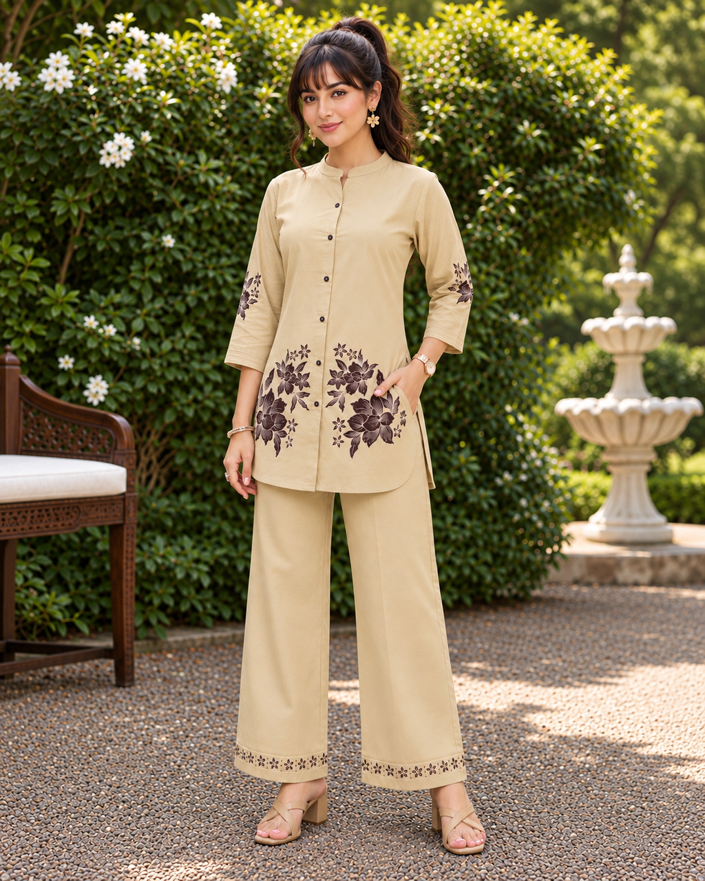 GlamVastra Sand Bloom Beige Pure Cotton Embroidered Co-Ord Set