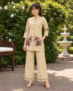 GlamVastra Sand Bloom Beige Pure Cotton Embroidered Co-Ord Set