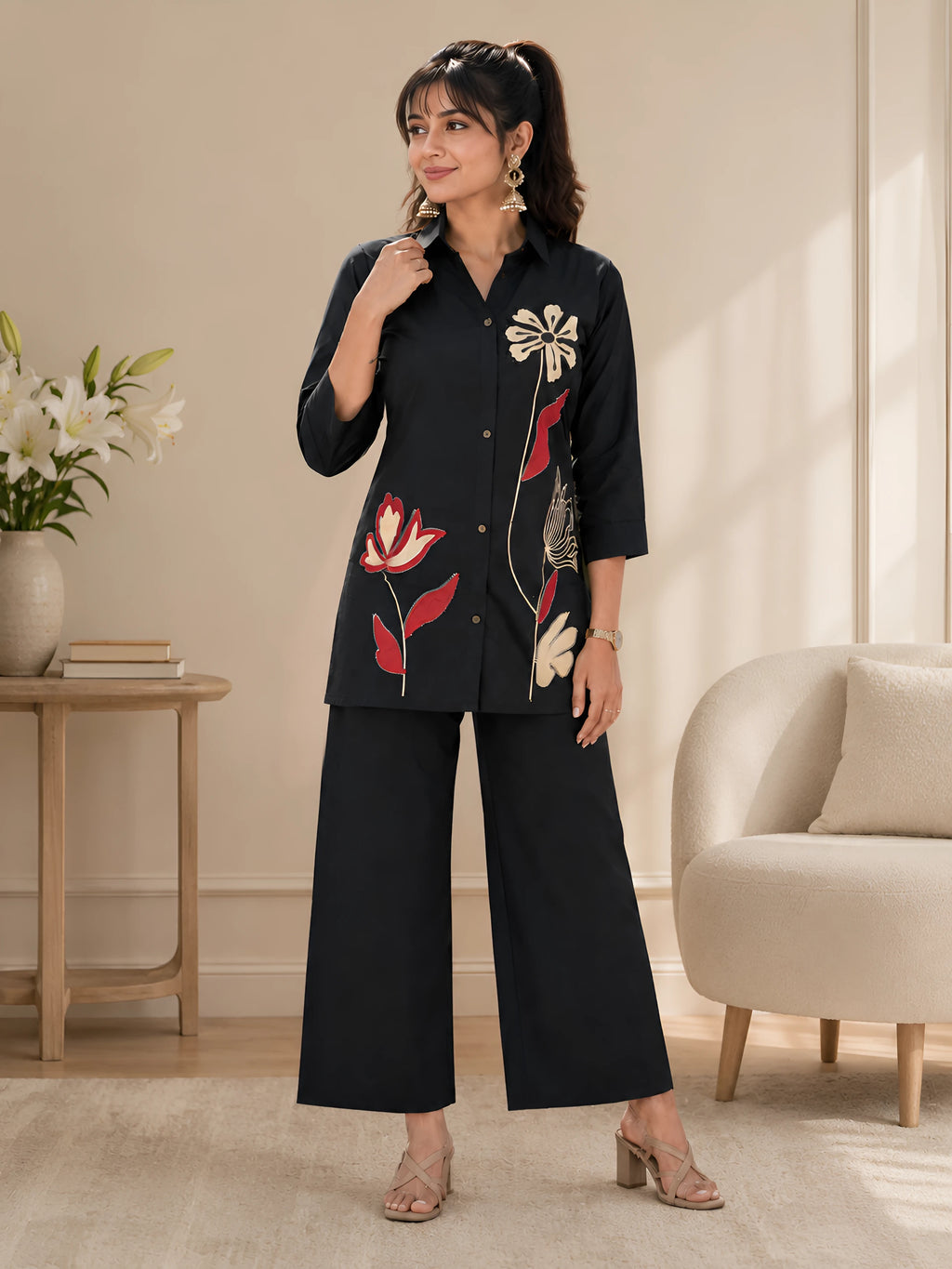 GlamVastra Midnight Bloom Black Cotton Embroidered Co-Ord Set