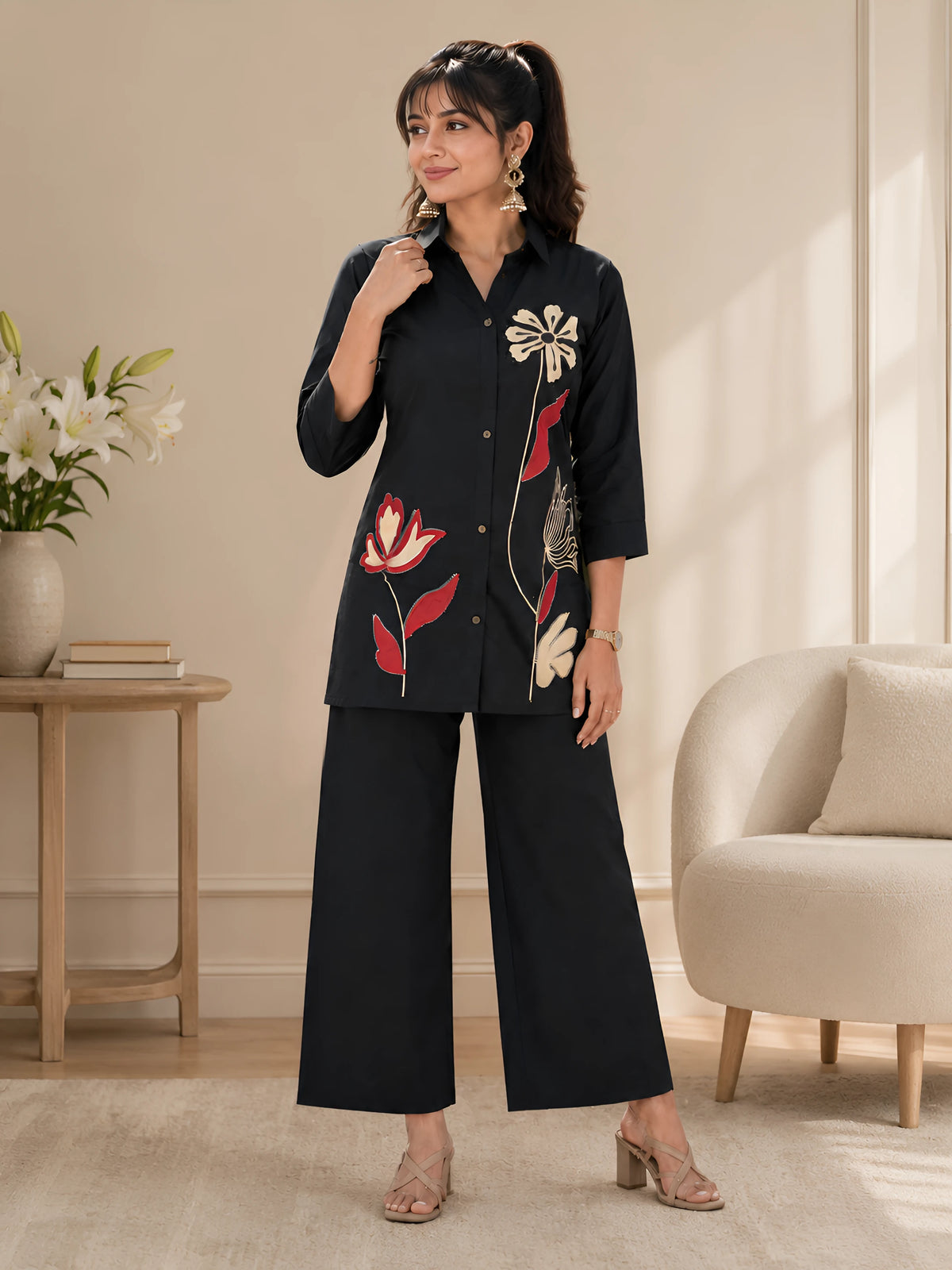 GlamVastra Midnight Bloom Black Cotton Embroidered Co-Ord Set