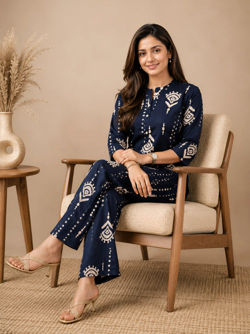 GlamVastra Indigo Motif Navy Blue Pure Cotton Co-Ord Set