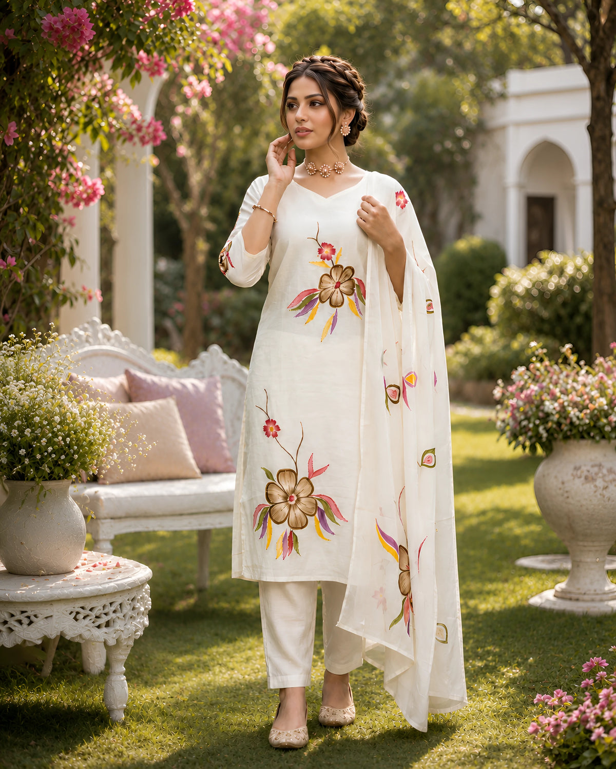 GlamVastra Ivory Mul Chanderi Handprinted Floral Kurta Set with Dupatta