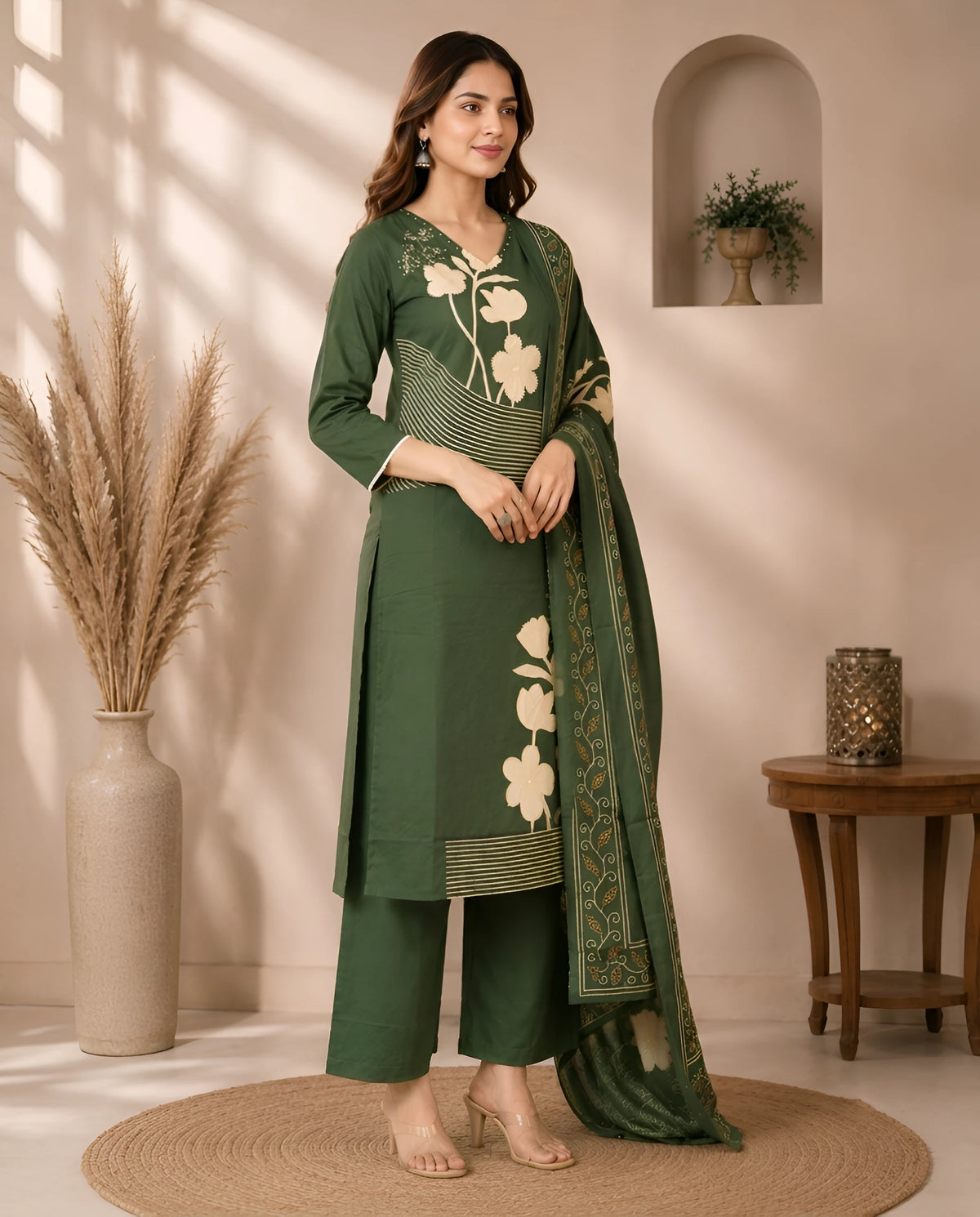GlamVastra Forest Green Pure Cotton Floral Kurta Set with Dupatta