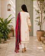 GlamVastra Spring Garden Cream Silk Blend Kurta Set with Printed Dupatta