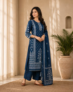 GlamVastra Neelvan Navy Blue Cotton Printed Kurta Set with Dupatta