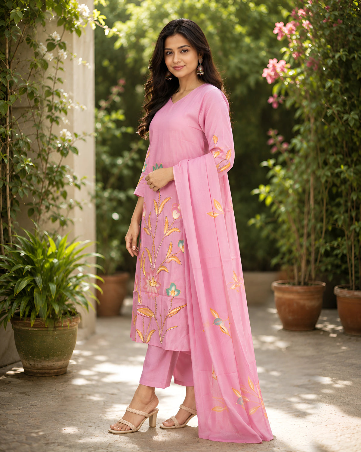 GlamVastra Pink Mul Chanderi Handpainted Floral Kurta Set with Dupatta