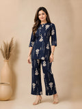 GlamVastra Indigo Motif Navy Blue Pure Cotton Co-Ord Set