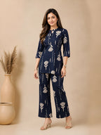 GlamVastra Indigo Motif Navy Blue Pure Cotton Co-Ord Set