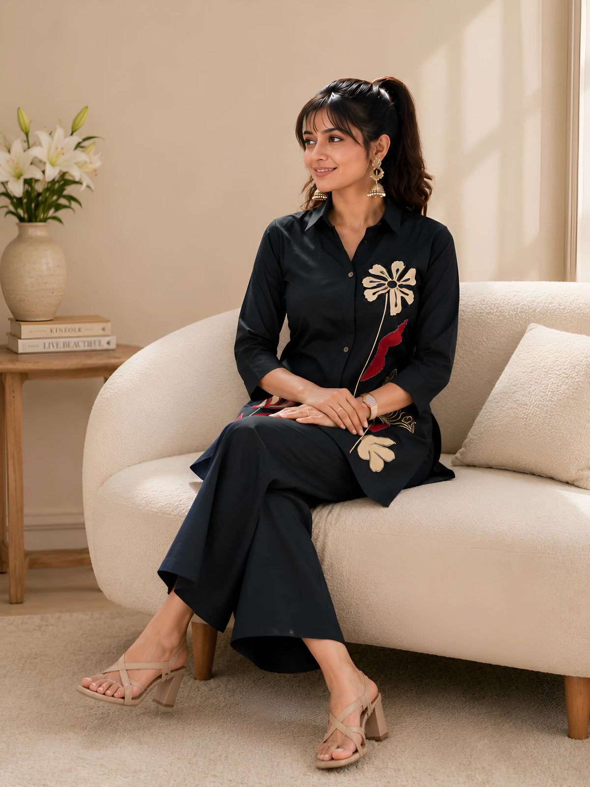 GlamVastra Midnight Bloom Black Cotton Embroidered Co-Ord Set