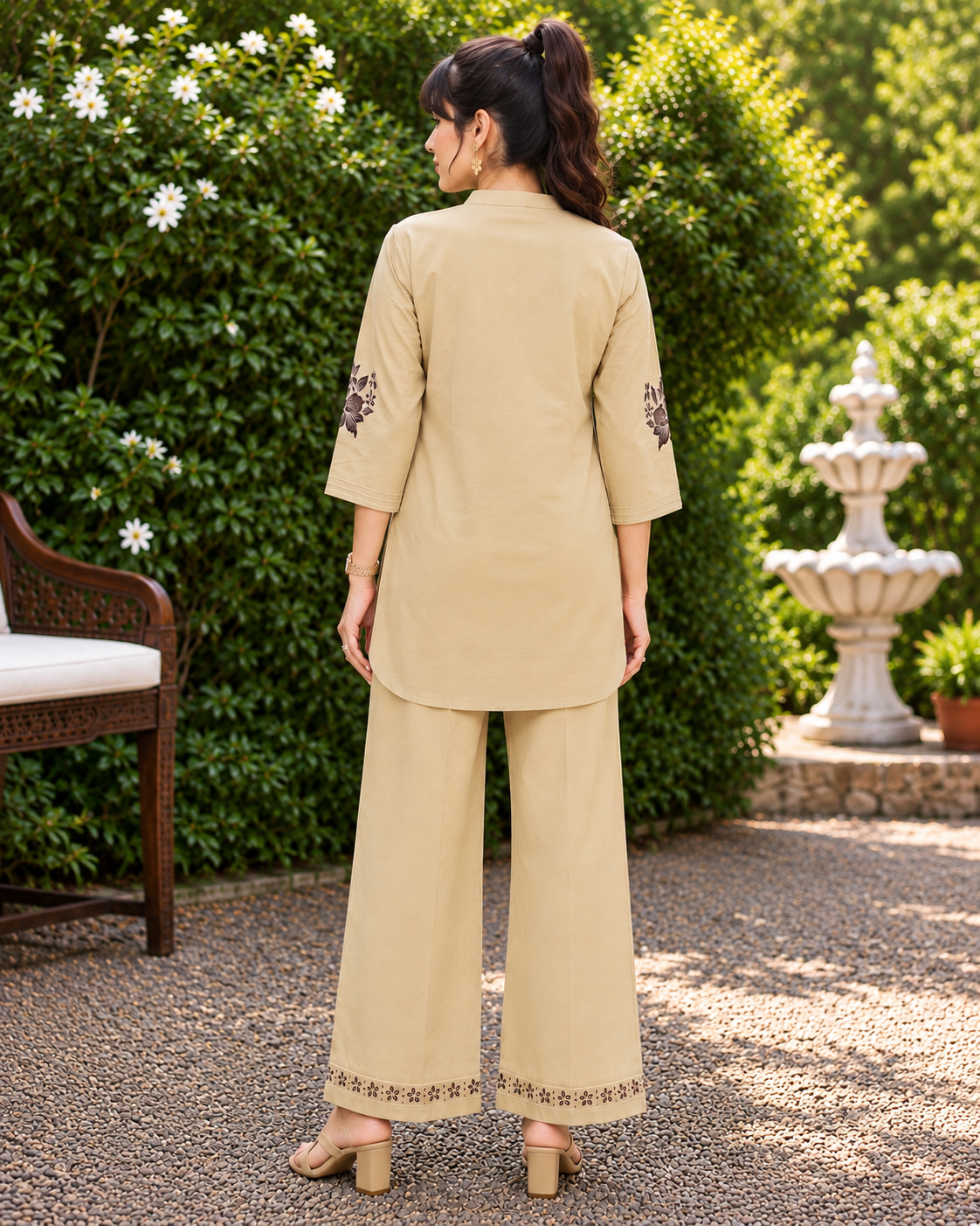 GlamVastra Sand Bloom Beige Pure Cotton Embroidered Co-Ord Set