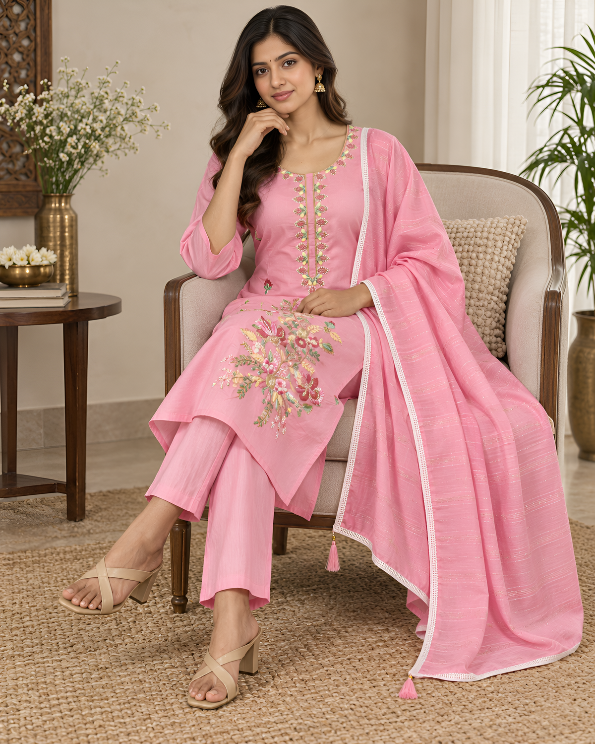 GlamVastra Blush Bloom Pink Silk Hand Embroidered Kurta Set