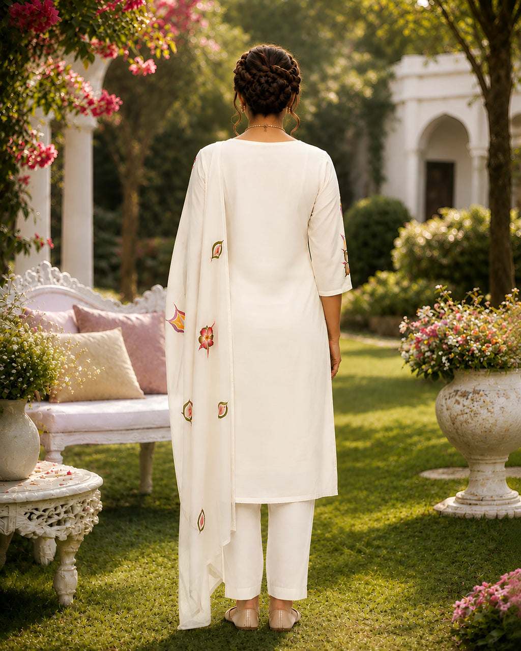 GlamVastra Ivory Mul Chanderi Handprinted Floral Kurta Set with Dupatta