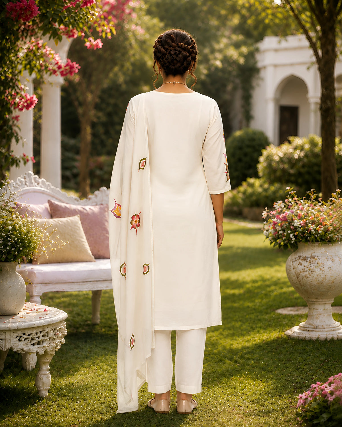 GlamVastra Ivory Mul Chanderi Handprinted Floral Kurta Set with Dupatta