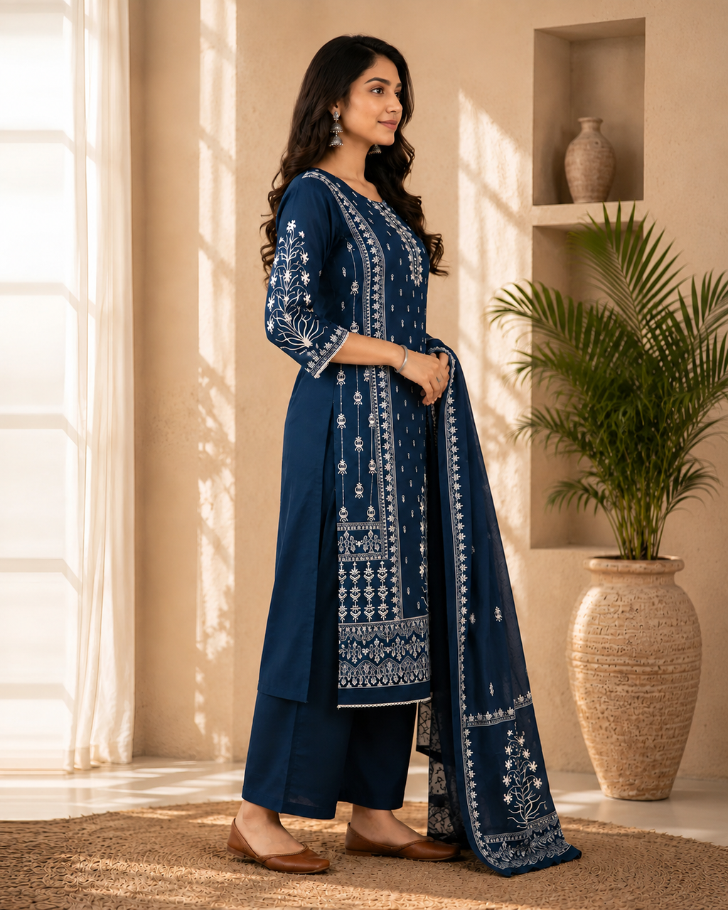 GlamVastra Neelvan Navy Blue Cotton Printed Kurta Set with Dupatta
