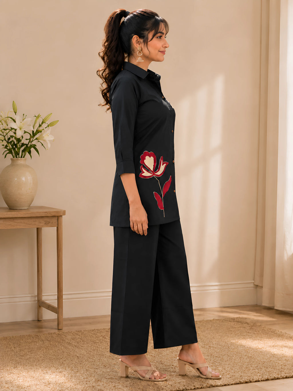 GlamVastra Midnight Bloom Black Cotton Embroidered Co-Ord Set