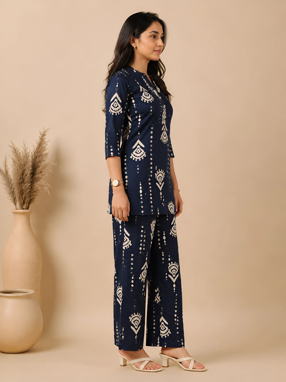 GlamVastra Indigo Motif Navy Blue Pure Cotton Co-Ord Set
