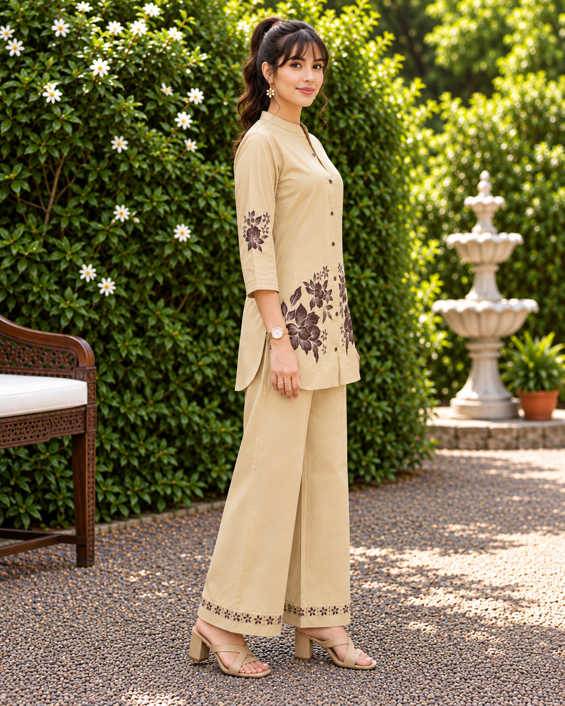 GlamVastra Sand Bloom Beige Pure Cotton Embroidered Co-Ord Set