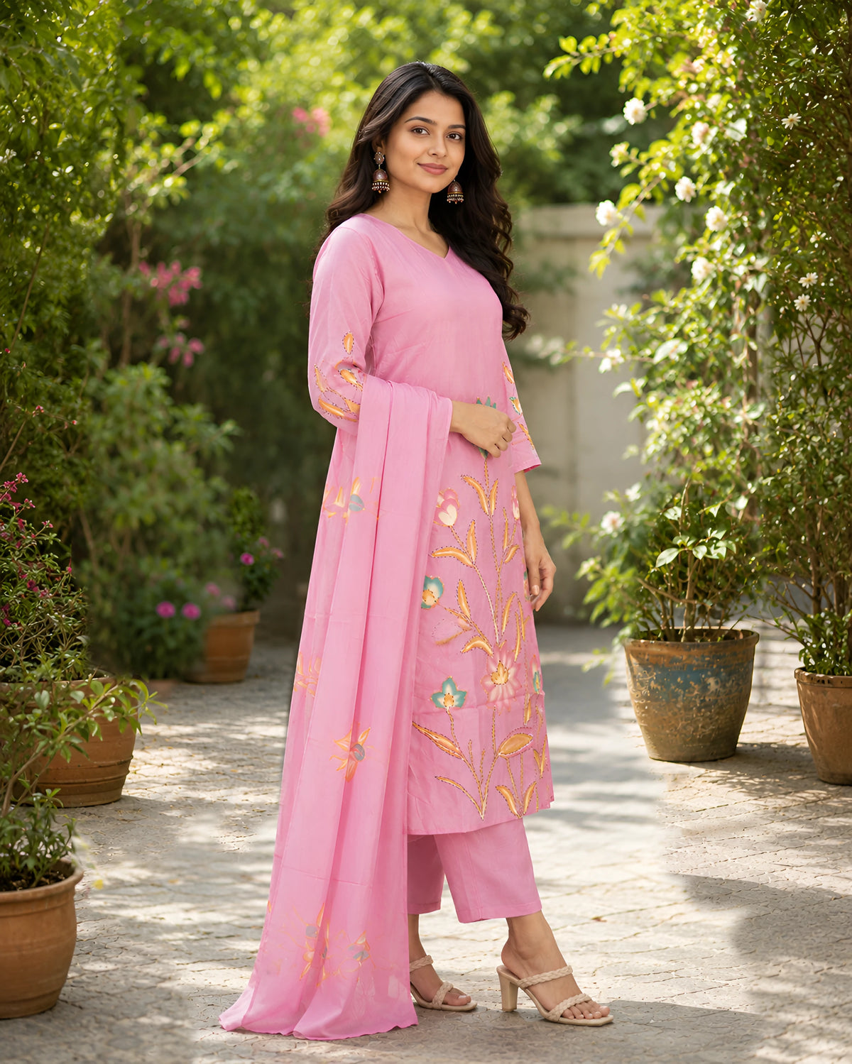 GlamVastra Pink Mul Chanderi Handpainted Floral Kurta Set with Dupatta
