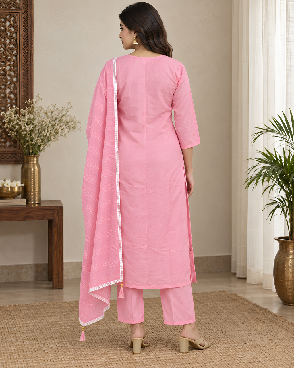 GlamVastra Blush Bloom Pink Silk Hand Embroidered Kurta Set