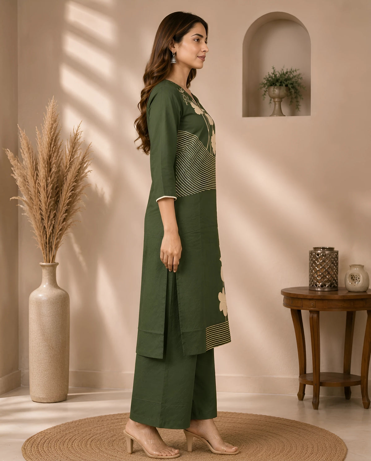 GlamVastra Forest Green Pure Cotton Floral Kurta Set with Dupatta