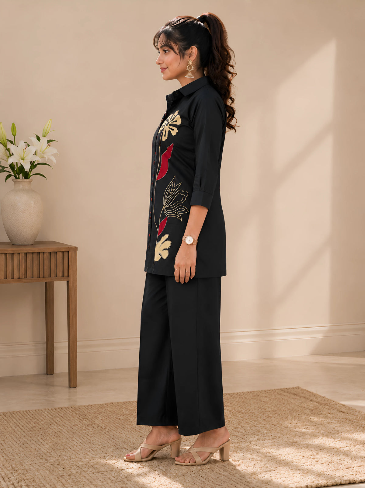GlamVastra Midnight Bloom Black Cotton Embroidered Co-Ord Set