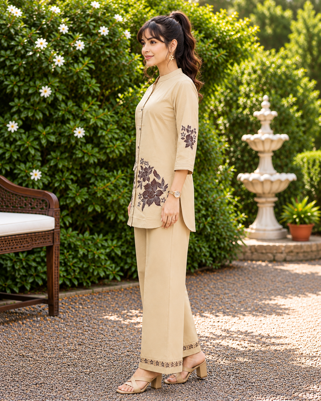 GlamVastra Sand Bloom Beige Pure Cotton Embroidered Co-Ord Set