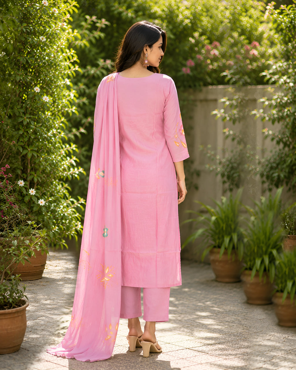 GlamVastra Pink Mul Chanderi Handpainted Floral Kurta Set with Dupatta