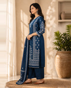 GlamVastra Neelvan Navy Blue Cotton Printed Kurta Set with Dupatta