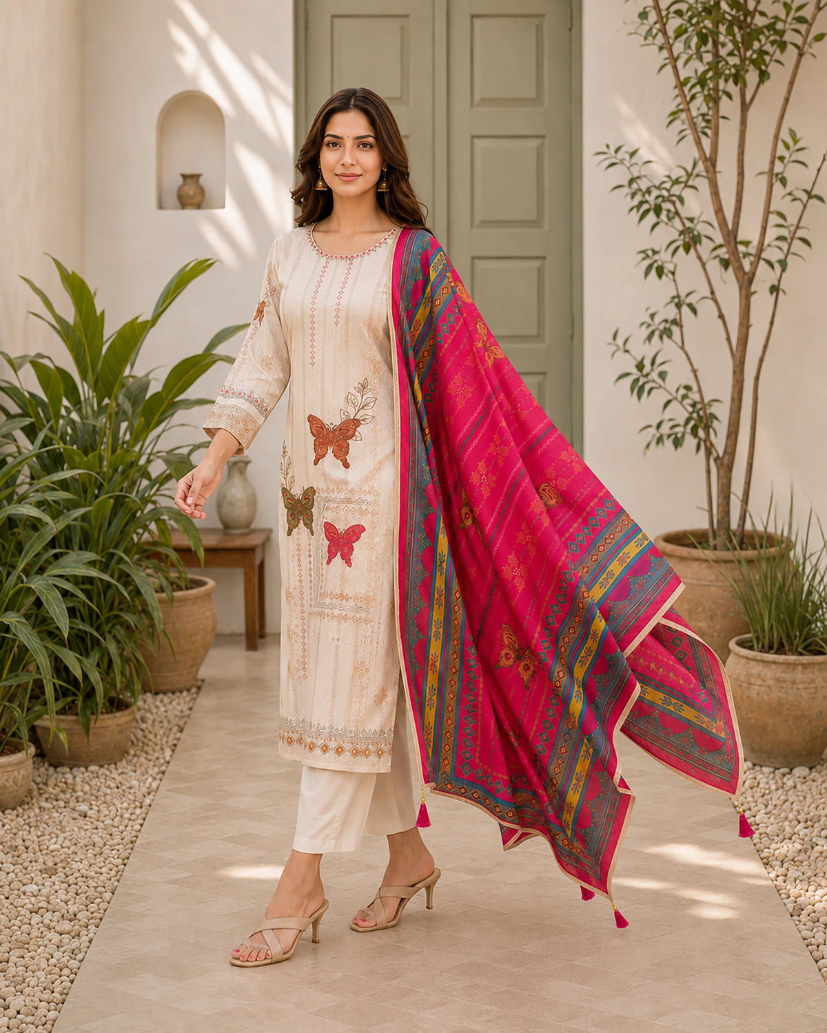 GlamVastra Spring Garden Cream Silk Blend Kurta Set with Printed Dupatta