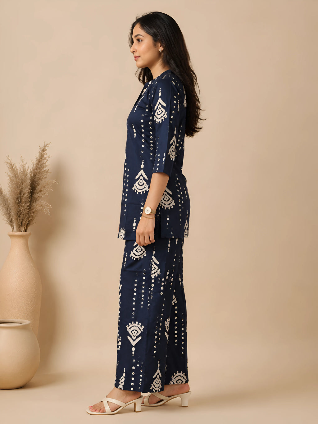 GlamVastra Indigo Motif Navy Blue Pure Cotton Co-Ord Set