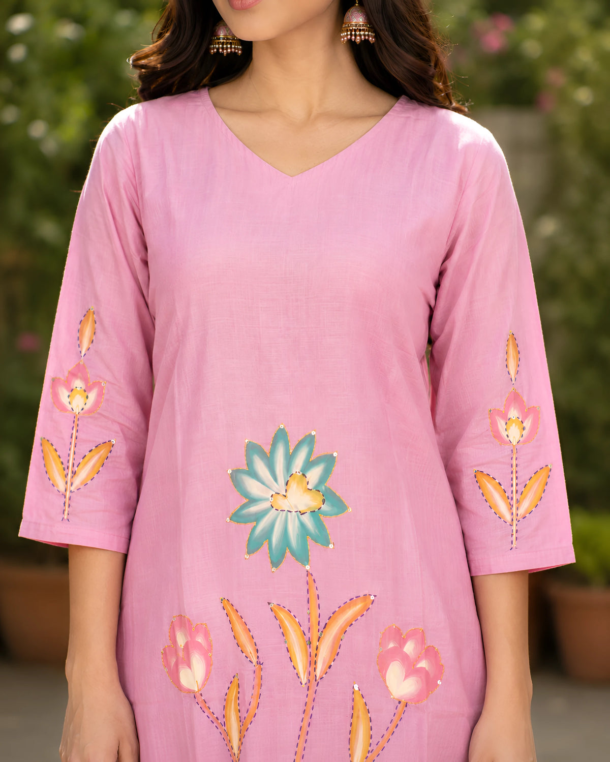 GlamVastra Pink Mul Chanderi Handpainted Floral Kurta Set with Dupatta