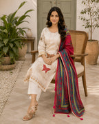 GlamVastra Spring Garden Cream Silk Blend Kurta Set with Printed Dupatta