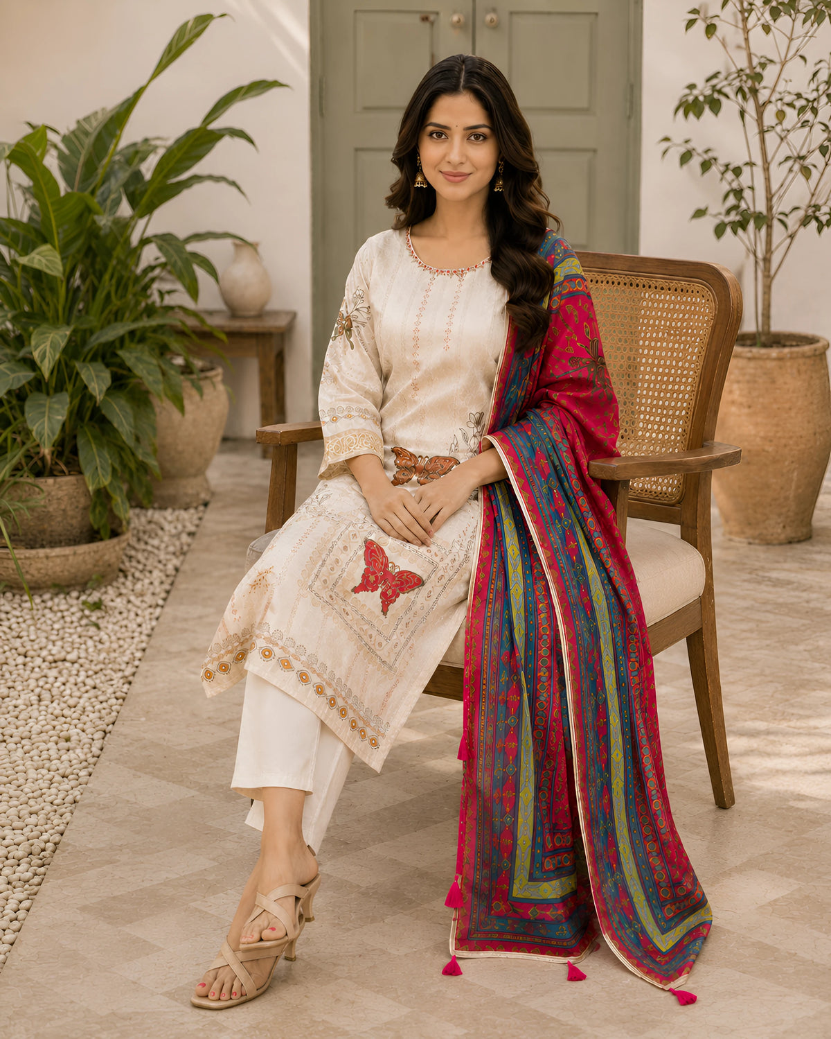 GlamVastra Spring Garden Cream Silk Blend Kurta Set with Printed Dupatta