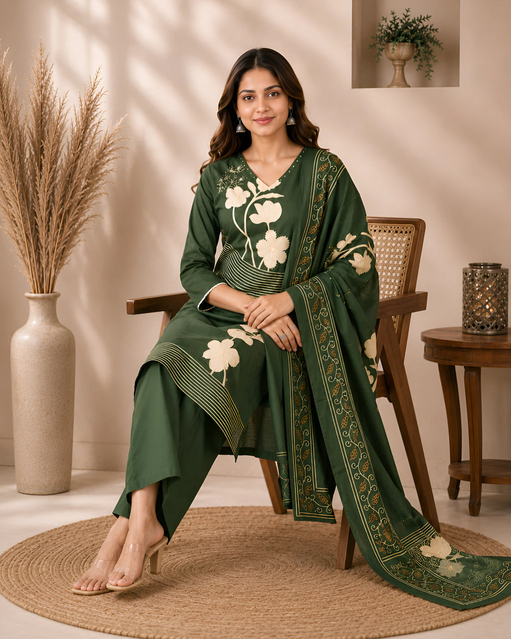 GlamVastra Forest Green Pure Cotton Floral Kurta Set with Dupatta