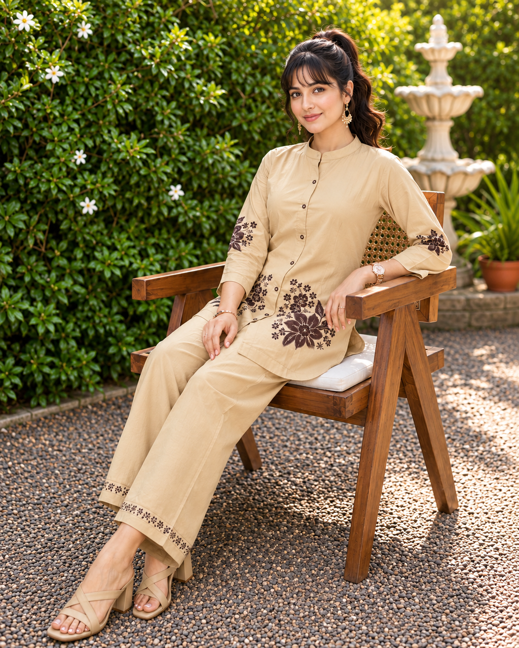 GlamVastra Sand Bloom Beige Pure Cotton Embroidered Co-Ord Set