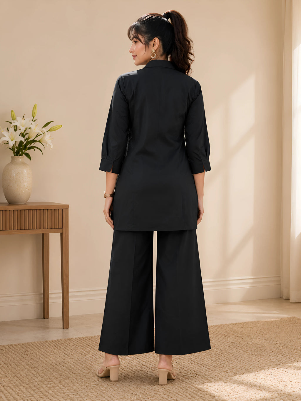 GlamVastra Midnight Bloom Black Cotton Embroidered Co-Ord Set