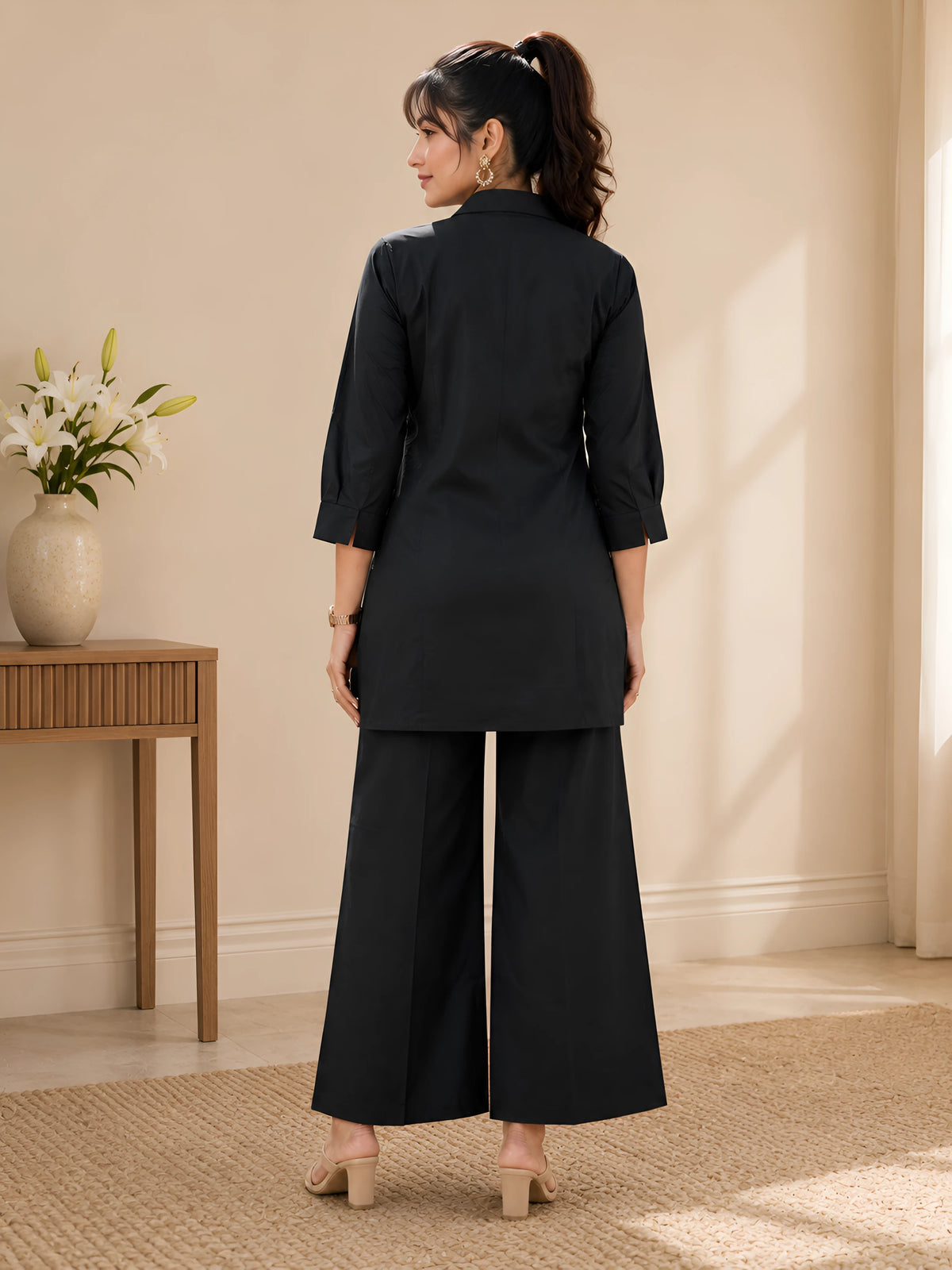 GlamVastra Midnight Bloom Black Cotton Embroidered Co-Ord Set