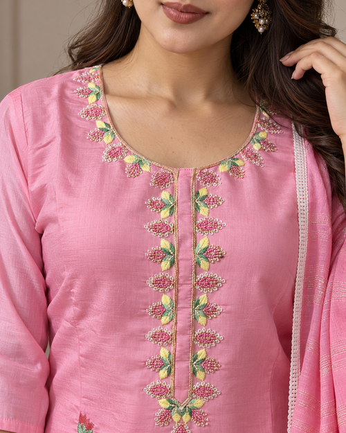 GlamVastra Blush Bloom Pink Silk Hand Embroidered Kurta Set