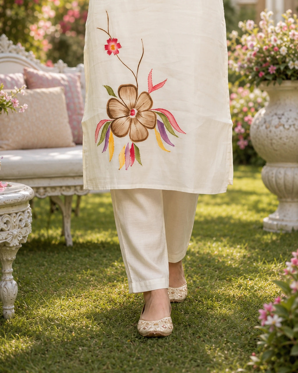 GlamVastra Ivory Mul Chanderi Handprinted Floral Kurta Set with Dupatta