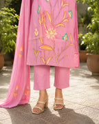 GlamVastra Pink Mul Chanderi Handpainted Floral Kurta Set with Dupatta