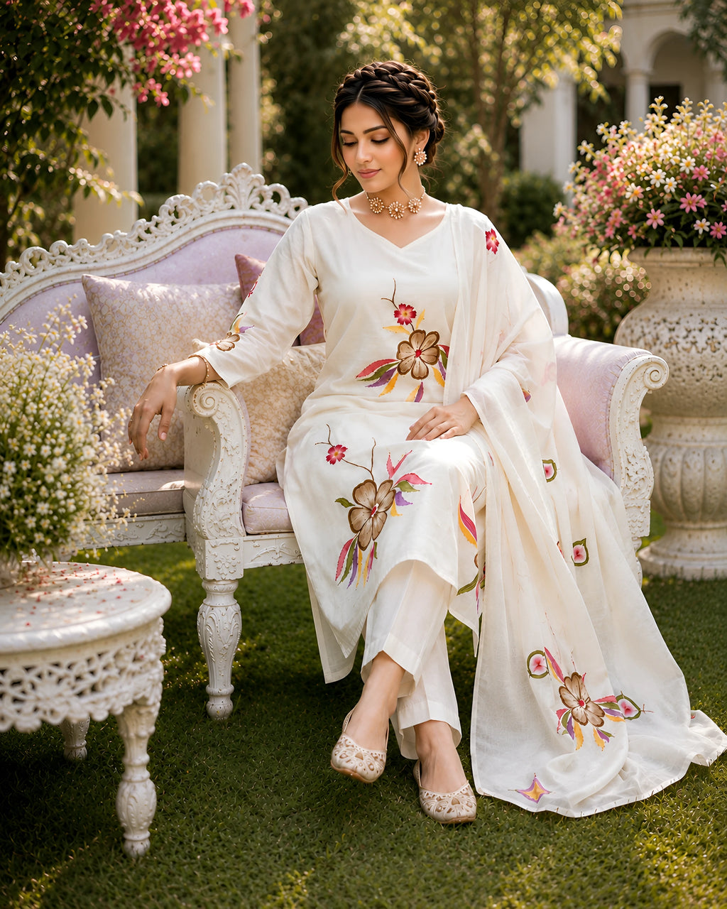 GlamVastra Ivory Mul Chanderi Handprinted Floral Kurta Set with Dupatta