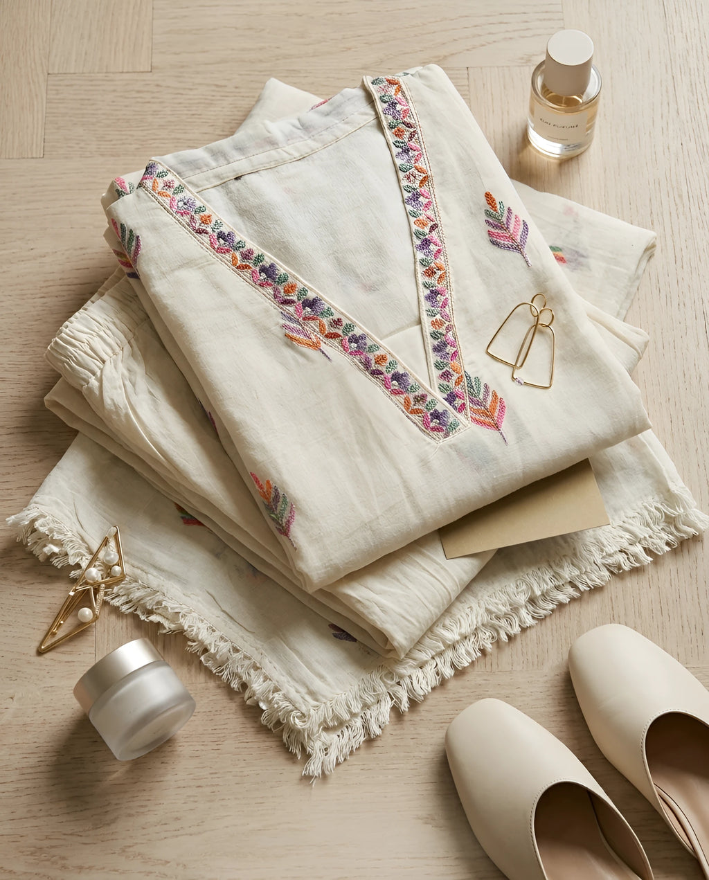 GlamVastra Gulbahar Soft White Pure Cotton Thread Embroidered Kurta Palazzo Set with Dupatta
